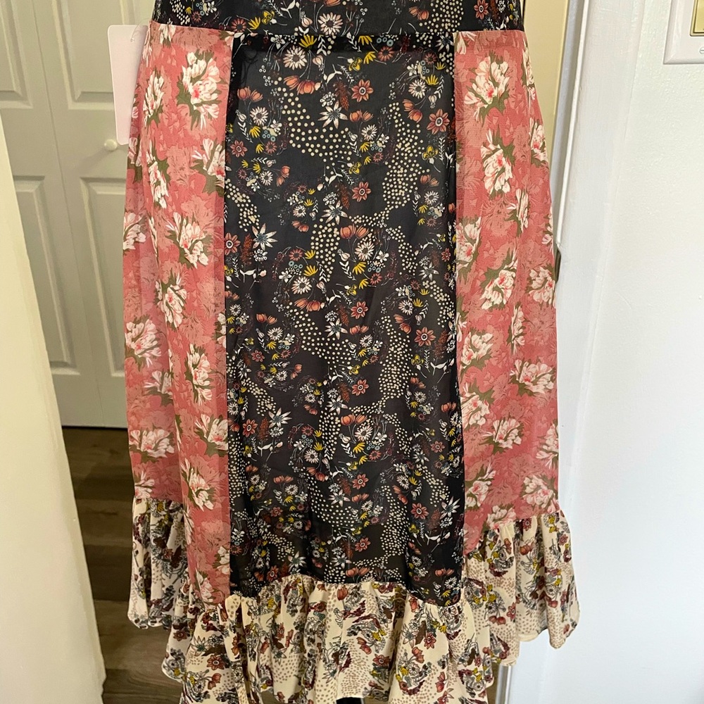 NWT DOWNEAST SKIRT M BOHO FEMININE CHIFFON OVERLAY LINED RUFFLED HEM ZIP ROSE - Picture 2 of 11